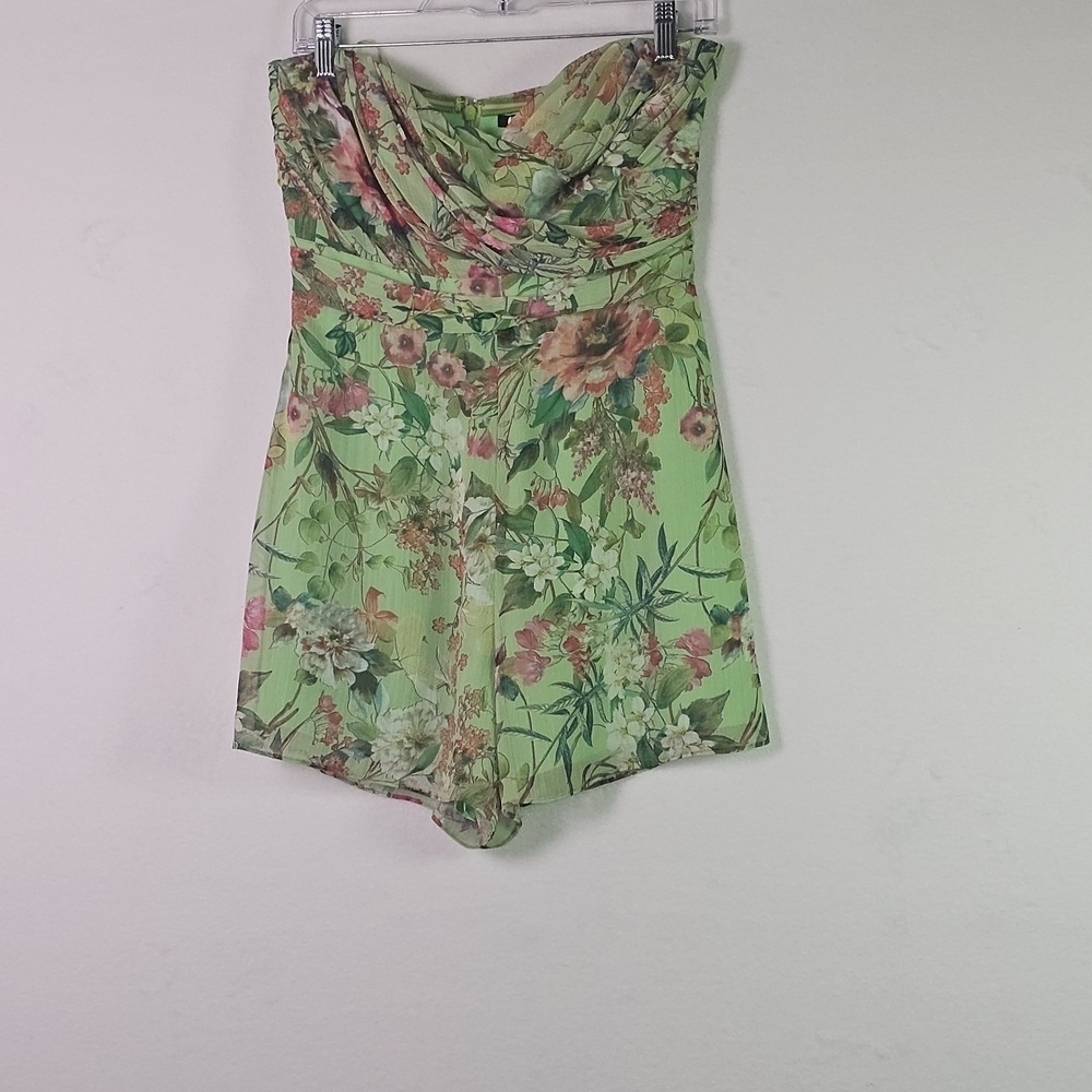Jay Godfrey Strapless Green Floral Chiffon Romper – Size 6
